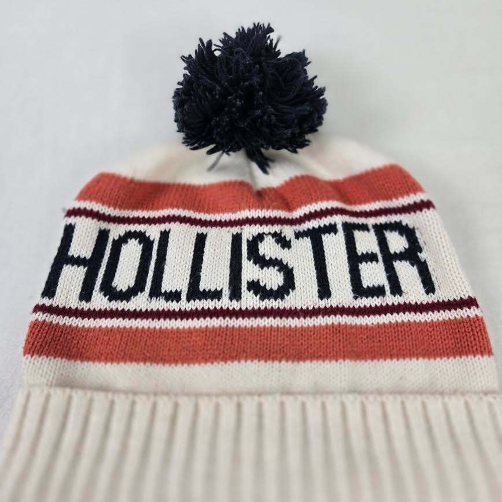 Hollister Striped Knit Beanie Hat‎ with Pom Navy Orange White